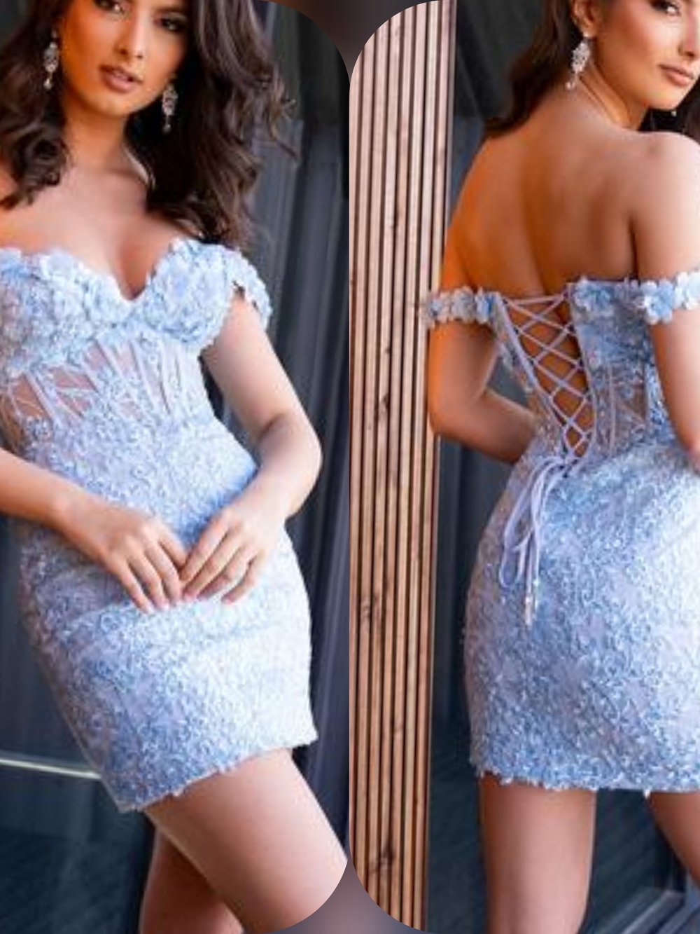 Rachel Allan Light Blue Off-Shoulder Lace Mini Dress